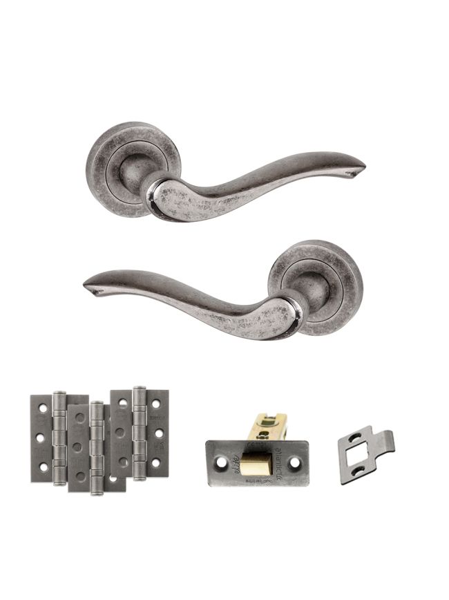 Old English Warwick Door Handle Pack (Latch Set - 2.5" CE Latch, 3" Fire Rated Hinges x3) - Distressed Silver