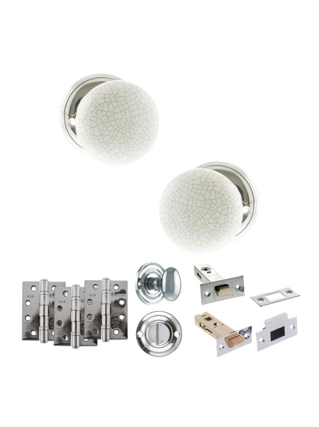 Old English Skipton Door Knob Pack (Bathroom Set - 3" Deadbolt, 4" Fire Rated Hinges x3) - Polished Chrome