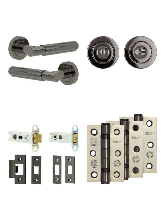 Complete Bloom Door Handle Pack - Heavy Duty Tubular Bathroom (Standard Thumb Turn) - Black Nickel - 76mm / 3-inch Hinges - JE-B31B3-BN