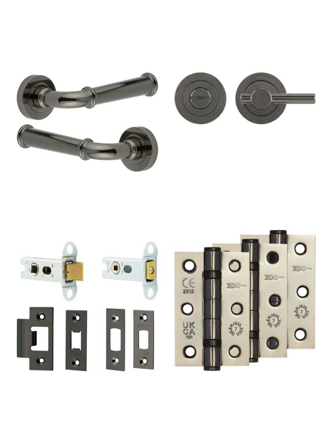 Complete Classic Door Handle Pack - Heavy Duty Tubular Bathroom (Plain Thumb Turn) - Black Nickel - 64mm / 3-inch Hinges - JE-A30B2-BN