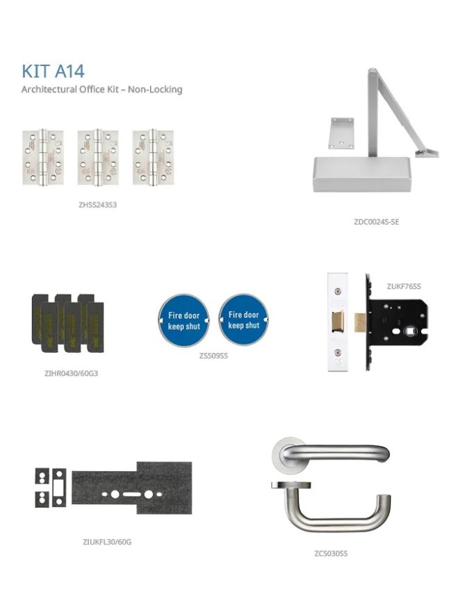 Zoo Hardware Fire Door Pack - FDP-A14-30/60 - Office kit – Non Locking - Architectural Version - Inc ZDC0024S - Stainless Steel