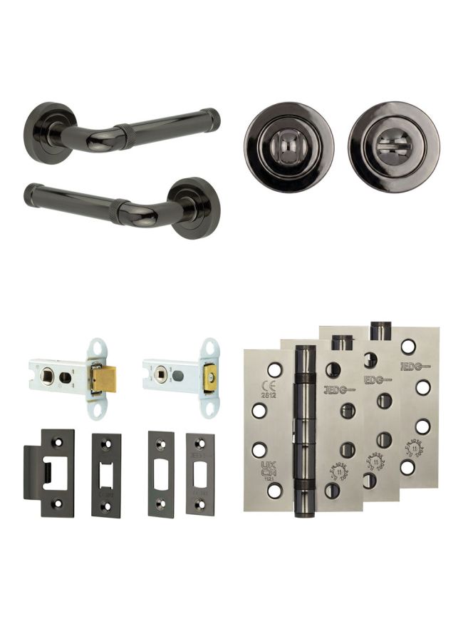 Complete Midtown Door Handle Pack - Heavy Duty Tubular Bathroom (Standard Thumb Turn) - Black Nickel - 64mm / 4-inch Hinges - JE-G30A3-BN
