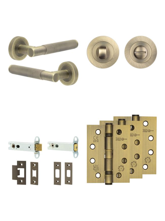 Complete Bari Door Handle Pack - Heavy Duty Tubular Bathroom (Standard Thumb Turn) - Antique Brass - 102mm / 4-inch Hinges - JE-D32A3-AB