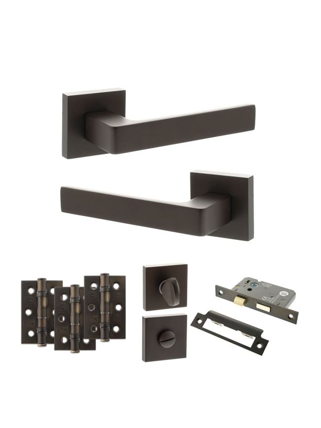 STATUS Montana Door Handle Pack (Bathroom Set - 3" CE Bathroom Lock, 3" Fire Rated Hinges x3) - Urban Dark Bronze