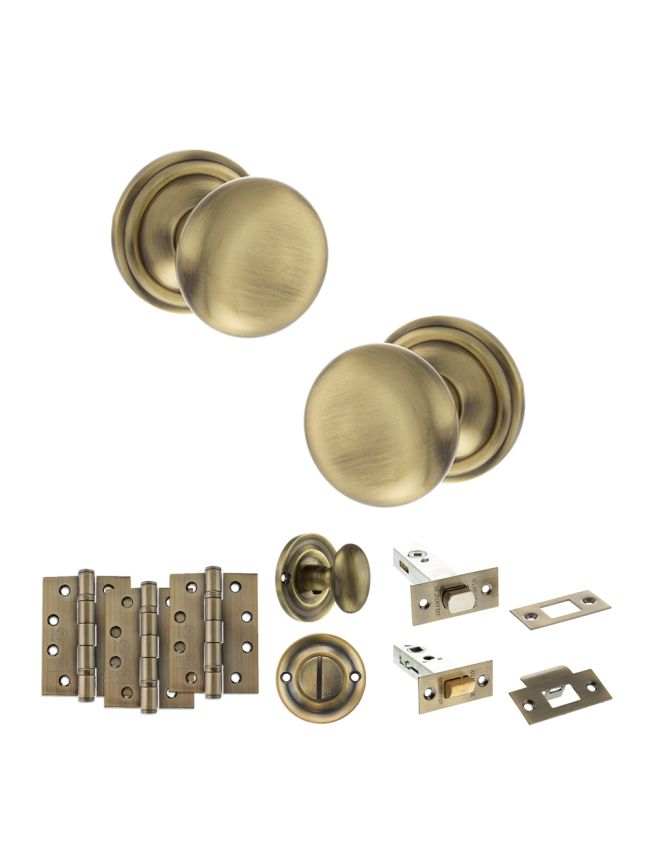 Old English Harrogate Door Knob Pack (Bathroom Set - 4" Deadbolt, 4" Fire Rated Hinges x3) - Antique Brass