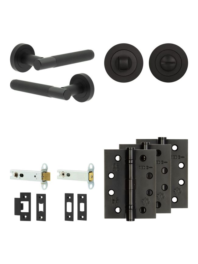 Complete Venice Door Handle Pack - Heavy Duty Tubular Bathroom (Standard Thumb Turn) - Matt Black - 102mm / 4-inch Hinges - JE-F32A3-MB