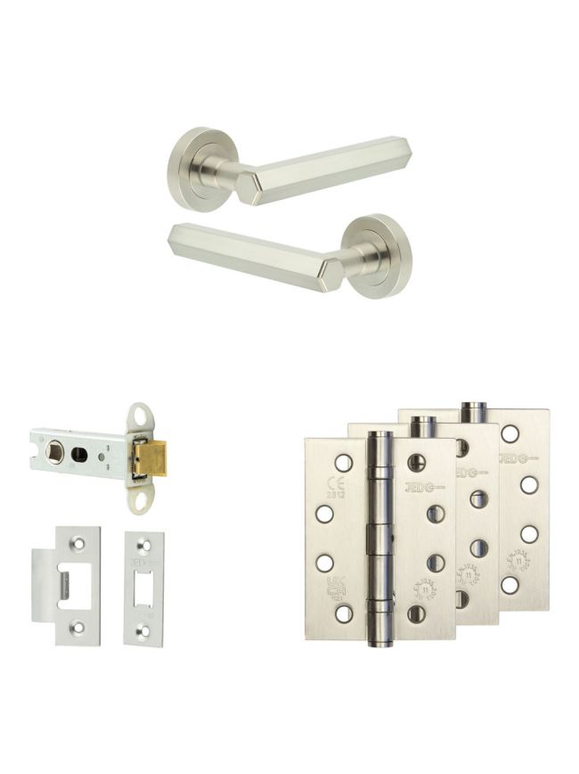 Complete Hex Door Handle Pack - Heavy Duty Latch - Satin Nickel - 76mm / 4-inch Hinges - JE-C21A-SN