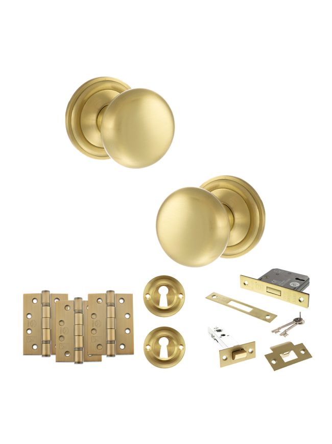 Old English Harrogate Door Knob Pack (Lock Set - 3" Latch & Deadlock, 4" Fire Rated Hinges x3) - Satin Brass