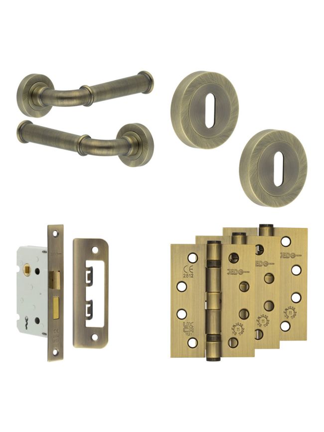 Complete Classic Door Handle Pack - Sashlock - Antique Brass - 65mm / 4-inch Hinges - JE-A7A8-AB