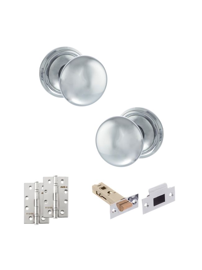 Old English Harrogate Door Knob Pack (Latch Set - 4" HD Latch, 4" Slim Knuckle Hinges x2) - Polished Chrome