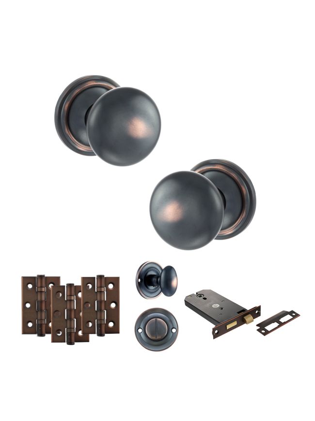 Old English Harrogate Door Knob Pack (Lock Set - Horizontal Bathlock, 3" Fire Rated Hinges x3) - Antique Copper