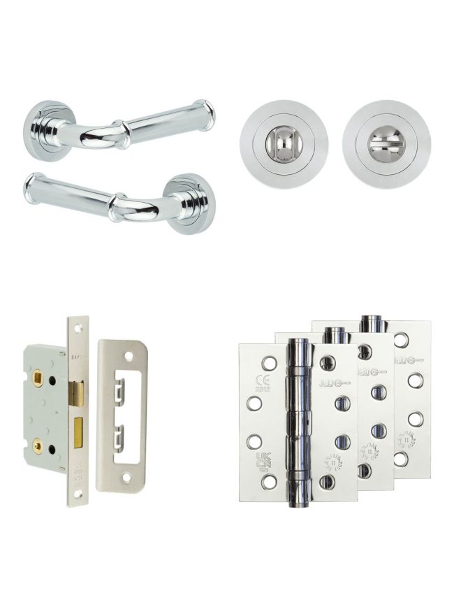 Complete Classic Door Handle Pack - Bathroom Lock (Standard Thumb Turn) - Polished Chrome - 65mm / 4-inch Hinges - JE-A5A3-PC