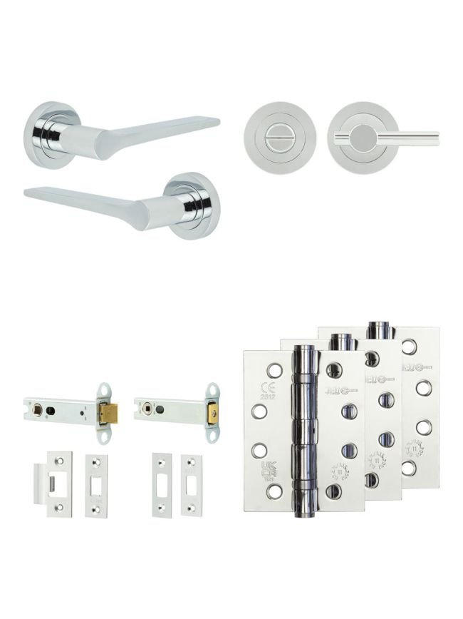 Complete Gio Door Handle Pack - Heavy Duty Tubular Bathroom (Plain Thumb Turn) - Polished Chrome - 102mm / 4-inch Hinges - JE-E32A2-PC