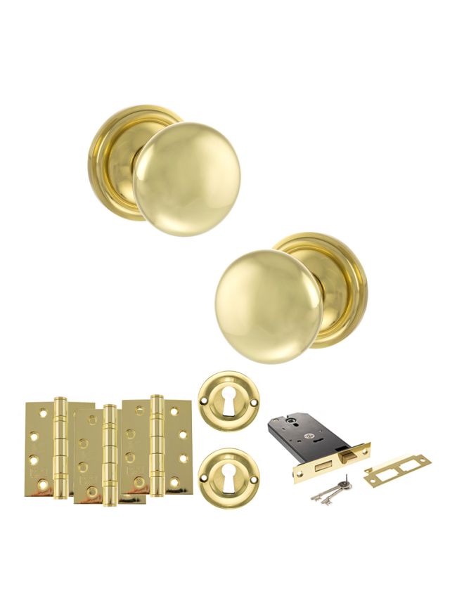 Old English Harrogate Door Knob Pack (Lock Set - Horizontal Sashlock, 4" Fire Rated Hinges x3) - Polished Brass