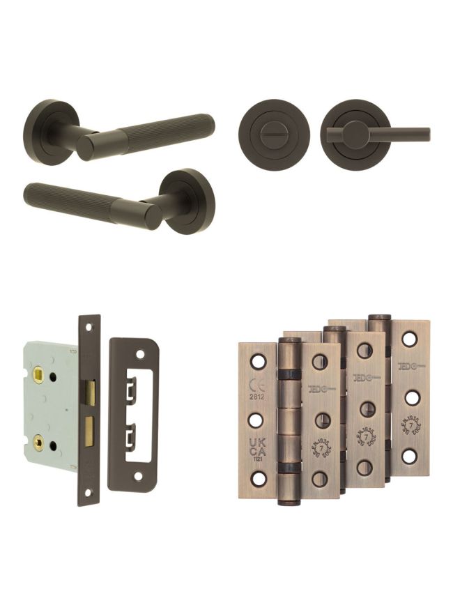 Complete Venice Door Handle Pack - Bathroom Lock (Plain Thumb Turn) - Dark Bronze - 76mm / 3-inch Hinges - JE-F6B2-DB