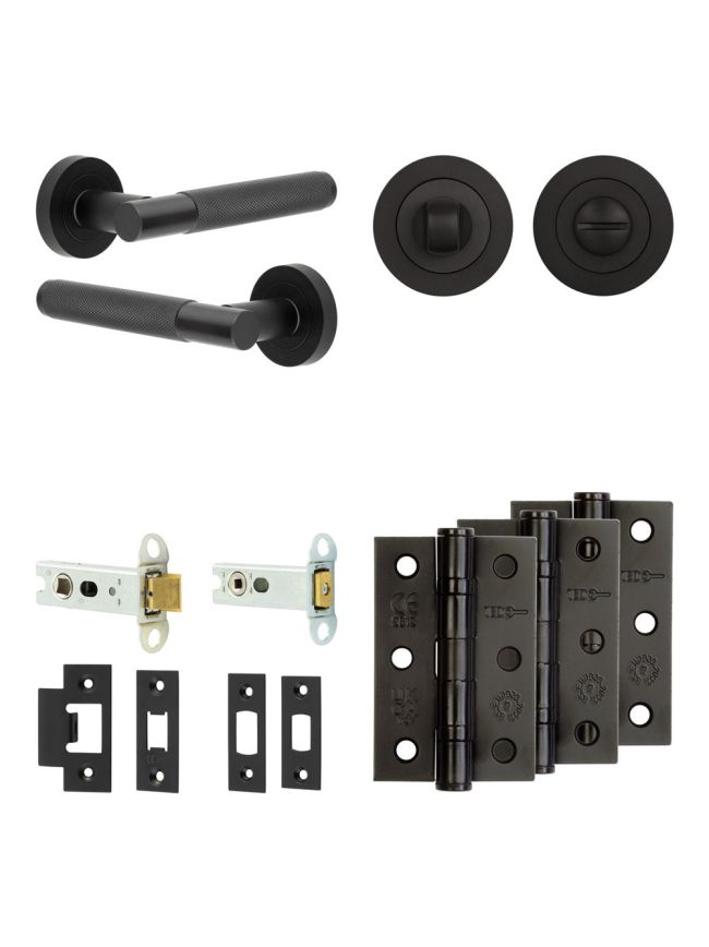 Complete Bari Door Handle Pack - Heavy Duty Tubular Bathroom (Standard Thumb Turn) - Matt Black - 76mm / 3-inch Hinges - JE-D31B3-MB