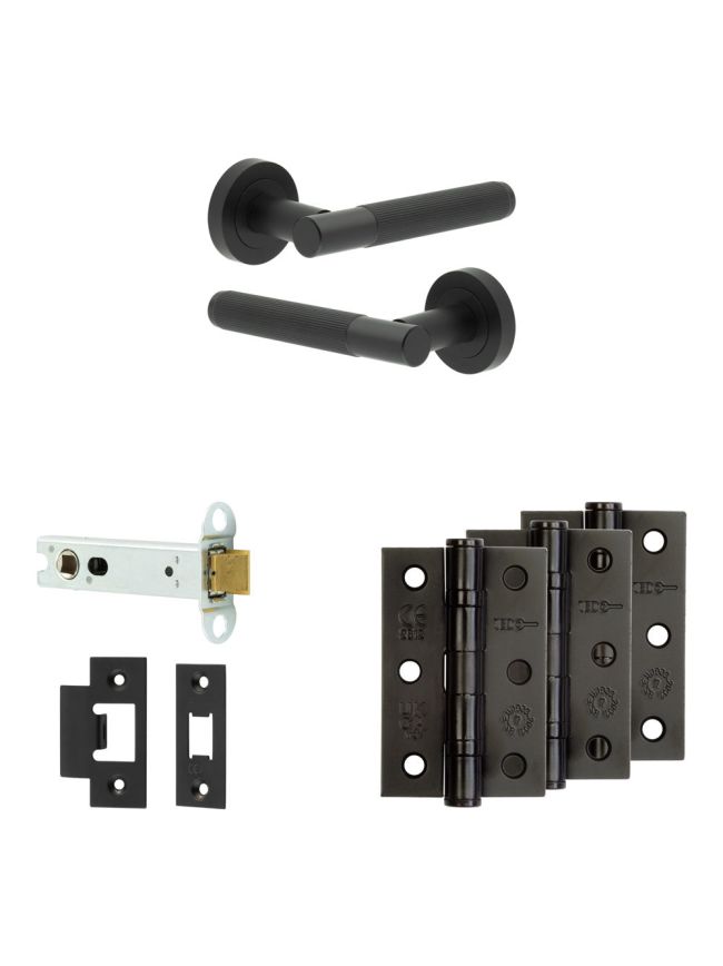 Complete Venice Door Handle Pack - Heavy Duty Latch - Matt Black - 102mm / 3-inch Hinges - JE-F22B-MB