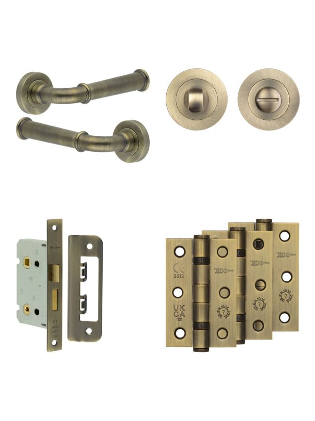 Complete Classic Door Handle Pack - Bathroom - Antique Brass - By Frelan Hardware - JE-A5B3-AB