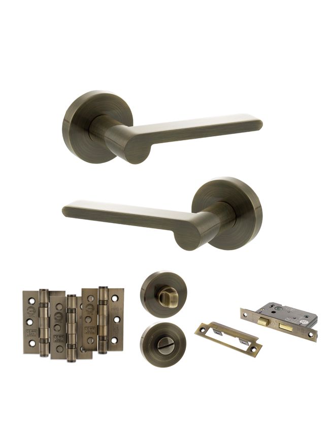 Senza Pari Darrio Door Handle Pack (Bathroom Set - 3" CE Bathroom Lock, 3" Fire Rated Hinges x3) - Antique Brass