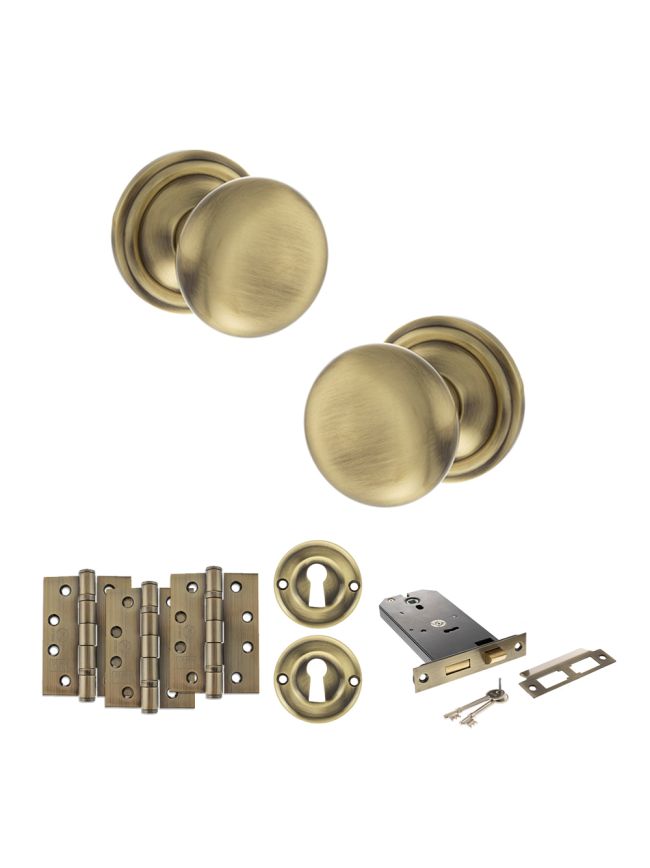 Old English Harrogate Door Knob Pack (Lock Set - Horizontal Sashlock, 4" Fire Rated Hinges x3) - Antique Brass