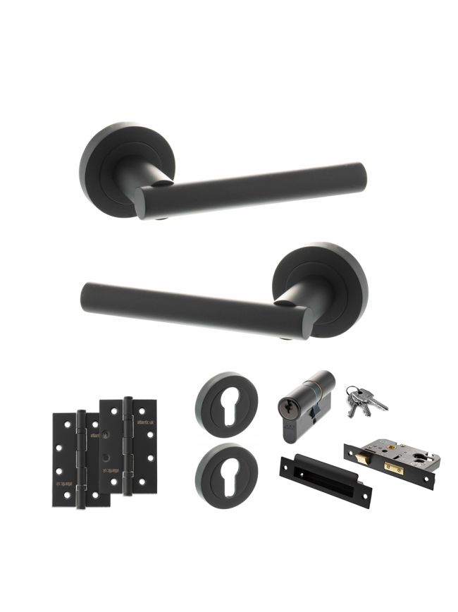 STATUS Nebraska Door Handle Pack (Euro Lock Set - 3" CE Sashlock, 4" Slim Knuckle Hinges x2) - Matt Black