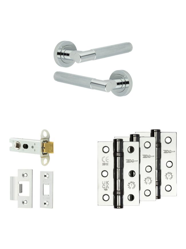 Complete Bari Door Handle Pack - Heavy Duty Latch - Polished Chrome - 76mm / 3-inch Hinges - JE-D21B-PC