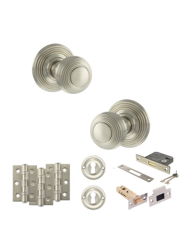 Old English Ripon Door Knob Pack (Lock Set - 3" Latch & Deadlock, 3" Fire Rated Hinges x3) - Satin Nickel
