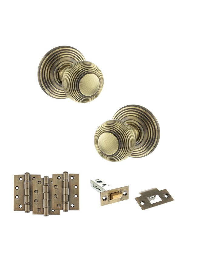 Old English Ripon Door Knob Pack (Latch Set - 3" HD Latch, 4" Fire Rated Hinges x3) - Antique Brass