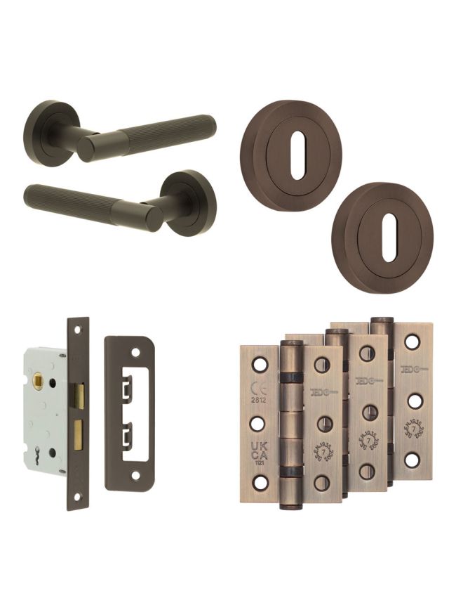 Complete Venice Door Handle Pack - Sashlock - Dark Bronze - 65mm / 3-inch Hinges - JE-F7B8-DB