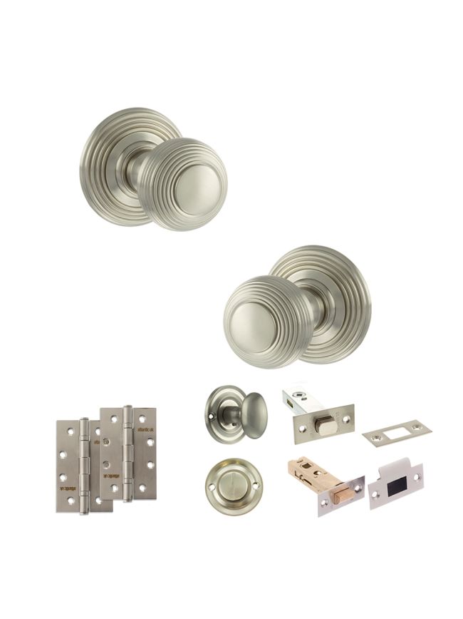 Old English Ripon Door Knob Pack (Bathroom Set - 3" Deadbolt, 4" Slim Knuckle Hinges x2) - Satin Nickel