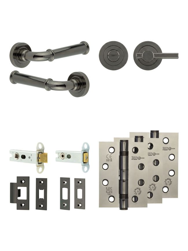 Complete Classic Door Handle Pack - Heavy Duty Tubular Bathroom (Plain Thumb Turn) - Black Nickel - 76mm / 4-inch Hinges - JE-A31A2-BN