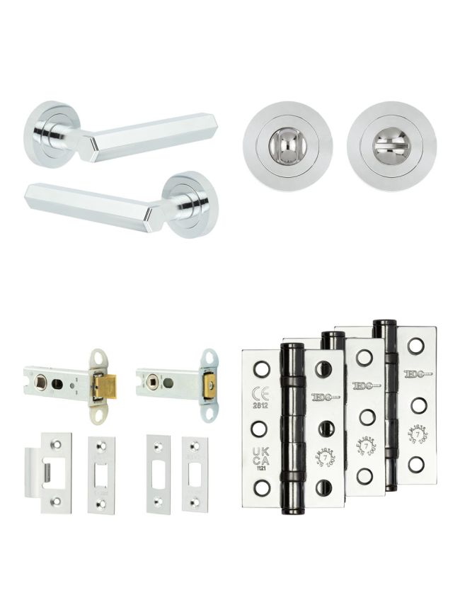 Complete Hex Door Handle Pack - Heavy Duty Tubular Bathroom (Standard Thumb Turn) - Polished Chrome - 76mm / 3-inch Hinges - JE-C31B3-PC