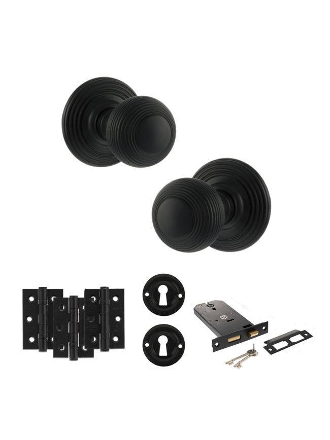 Old English Ripon Door Knob Pack (Lock Set - Horizontal Sashlock, 3" Fire Rated Hinges x3) - Matt Black