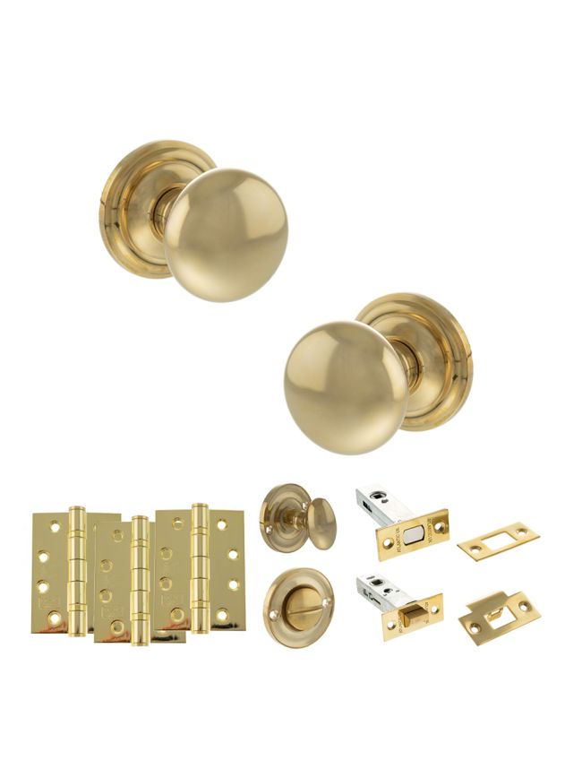 Old English Harrogate Door Knob Pack (Bathroom Set - 4" Deadbolt, 4" Fire Rated Hinges x3) - Raw Brass