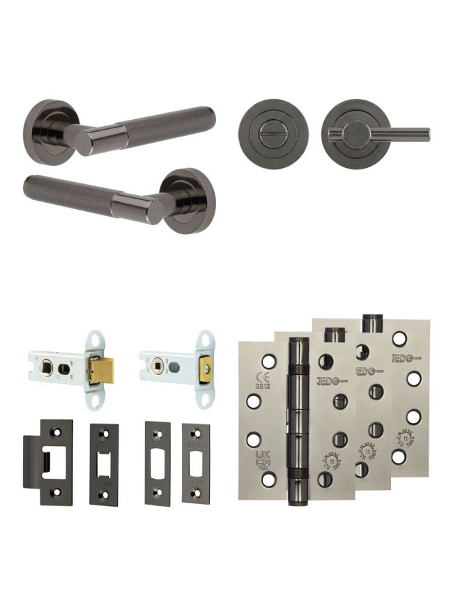 Complete Bari Door Handle Pack - Heavy Duty Tubular Bathroom (Plain Thumb Turn) - Black Nickel - 64mm / 4-inch Hinges - JE-D30A2-BN