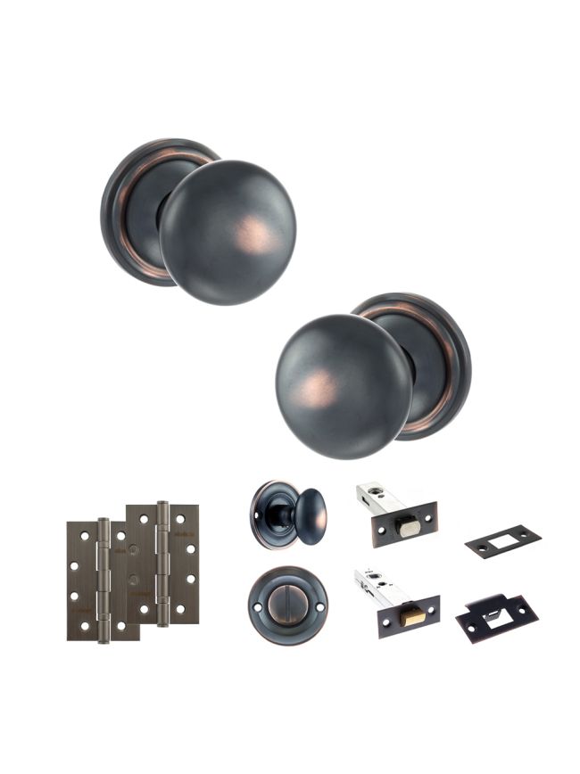 Old English Harrogate Door Knob Pack (Bathroom Set - 4" Deadbolt, 4" Slim Knuckle Hinges x2) - Antique Copper