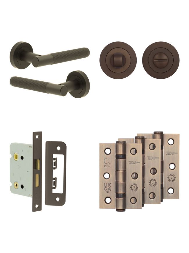 Complete Venice Door Handle Pack - Bathroom Lock (Standard Thumb Turn) - Dark Bronze - 76mm / 3-inch Hinges - JE-F6B3-DB
