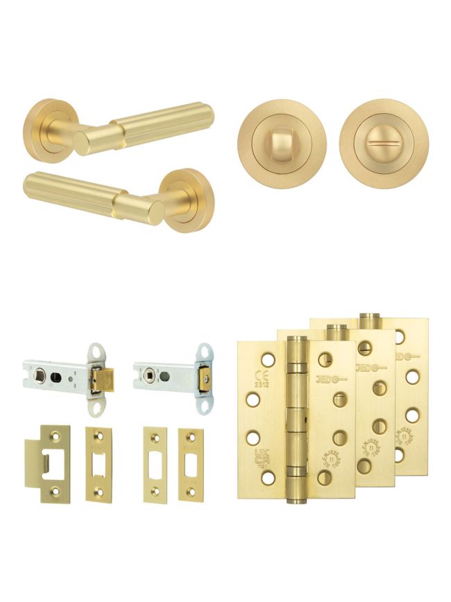 Complete Bloom Door Handle Pack - Heavy Duty Tubular Bathroom (Standard Thumb Turn) - Satin Brass - 76mm / 4-inch Hinges - JE-B31A3-SB