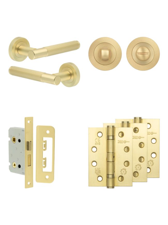 Complete Venice Door Handle Pack - Bathroom Lock (Standard Thumb Turn) - Satin Brass - 65mm / 4-inch Hinges - JE-F5A3-SB