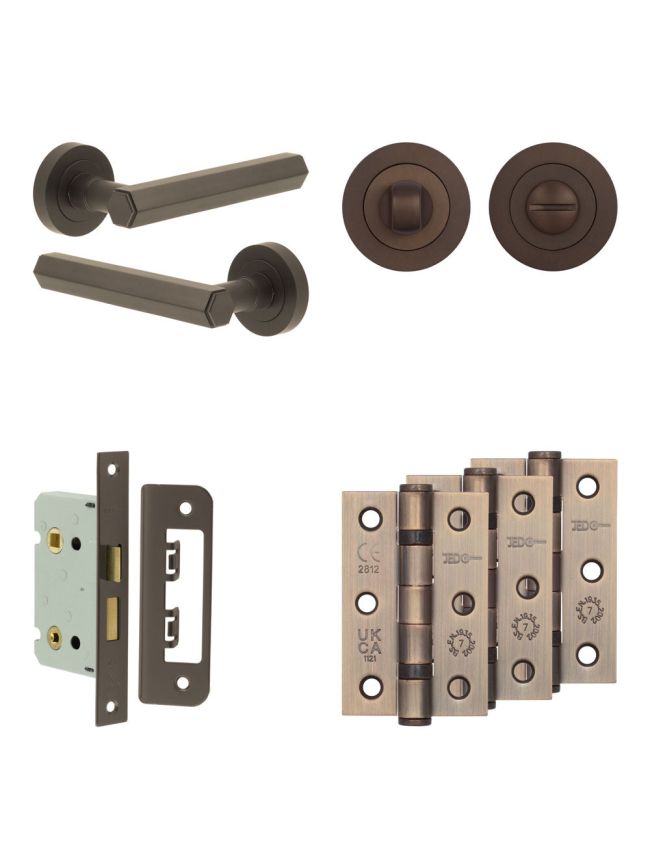 Complete Hex Door Handle Pack - Bathroom Lock (Standard Thumb Turn) - Dark Bronze - 65mm / 3-inch Hinges - JE-C5B3-DB