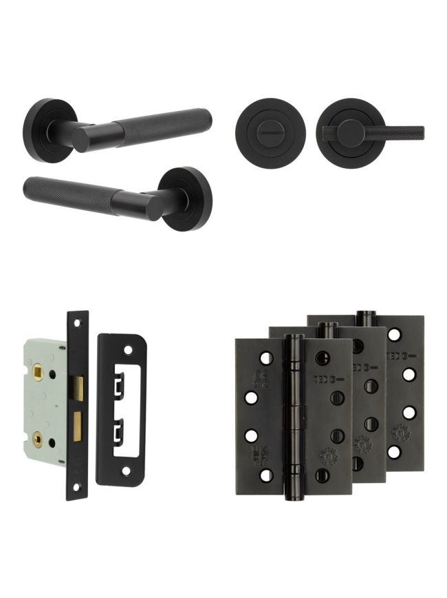 Complete Bari Door Handle Pack - Bathroom Lock (Knurled Thumb Turn) - Matt Black - 65mm / 4-inch Hinges - JE-D5A1-MB
