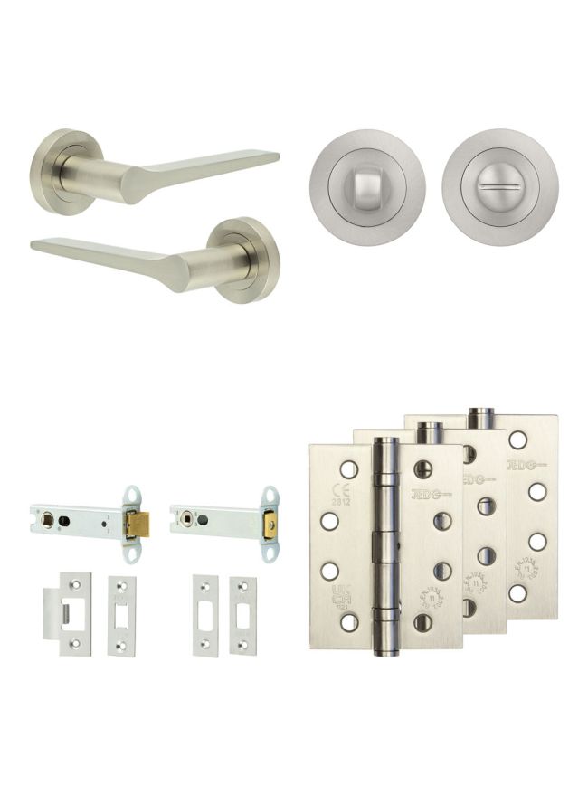 Complete Gio Door Handle Pack - Heavy Duty Tubular Bathroom (Standard Thumb Turn) - Satin Nickel - 102mm / 4-inch Hinges - JE-E32A3-SN
