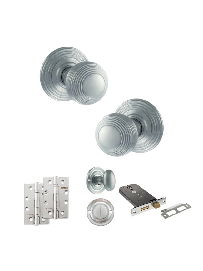 Old English Ripon Door Knob Pack (Lock Set - Horizontal Bathlock, 4" Slim Knuckle Hinges x2) - Satin Chrome