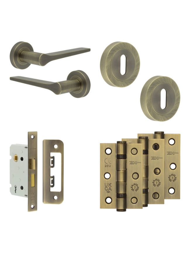 Complete Gio Door Handle Pack - Sashlock - Antique Brass - 65mm / 3-inch Hinges - JE-E7B8-AB