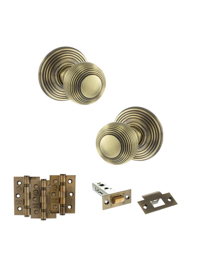 Old English Ripon Door Knob Pack (Latch Set - 4" HD Latch, 3" Fire Rated Hinges x3) - Antique Brass