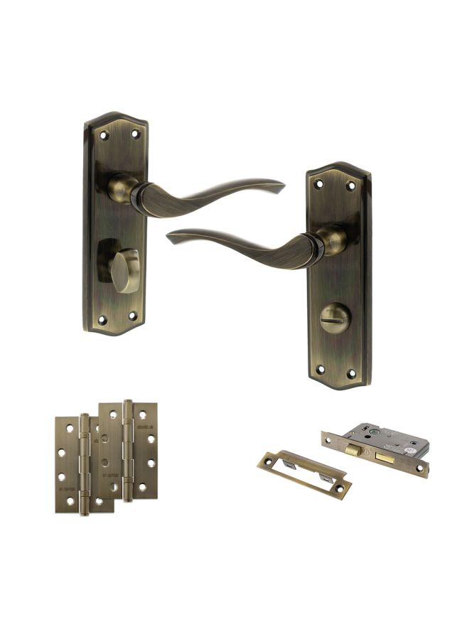Old English Warwick Door Handle Pack (Bathroom Set - 2.5" CE Bathroom Lock, 4" Slim Knuckle Hinges x2) - Antique Brass
