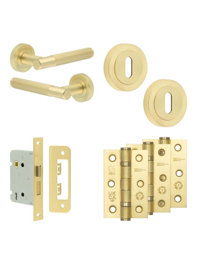 Complete Venice Door Handle Pack - Sashlock - Satin Brass - 76mm / 3-inch Hinges - JE-F8B8-SB