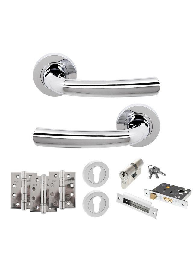 STATUS Nevada Door Handle Pack (Euro Lock Set - 2.5" CE Sashlock, 4" Fire Rated Hinges x3) - Polished Chrome