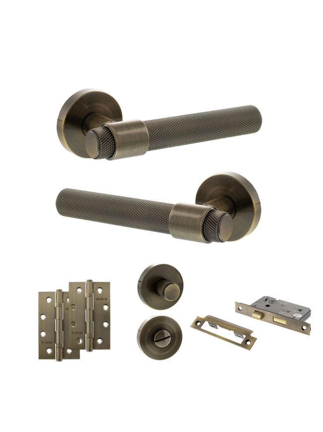 Senza Pari Andretta Door Handle Pack (Bathroom Set - 2.5" CE Bathroom Lock, 4" Slim Knuckle Hinges x2) - Antique Brass
