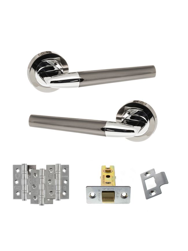 STATUS Tennessee Door Handle Pack (Latch Set - 2.5" CE Latch, 3" Fire Rated Hinges x3) - Black Nickel/Polished Chrome
